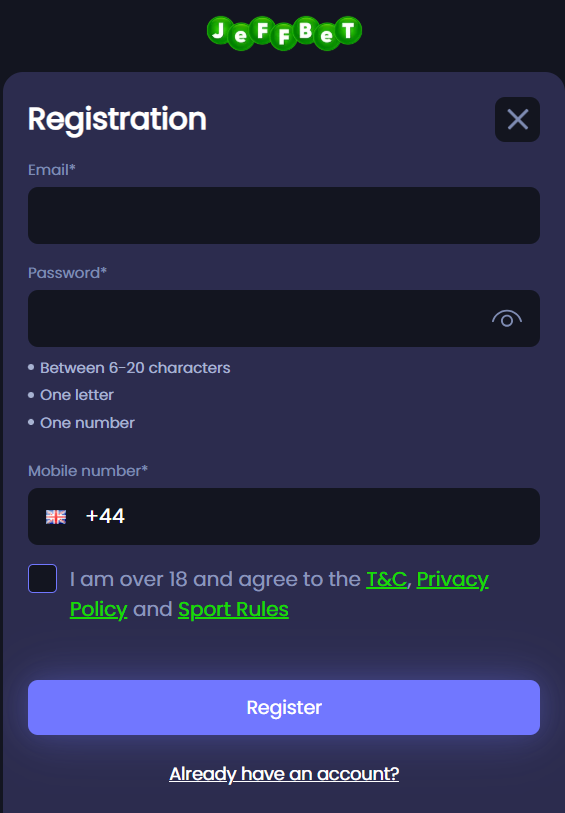 Registration form at JeffBet casino