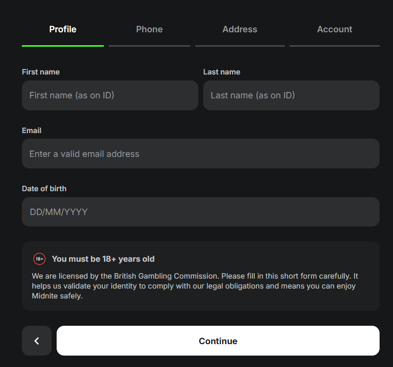 Registration form from online casino